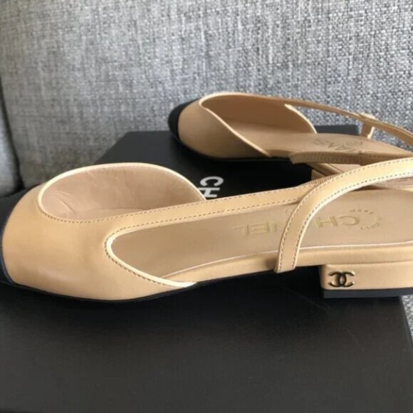 New Chanel Size 38 Goatskin Slingback Beige/Black Flat - Picture 7 of 7